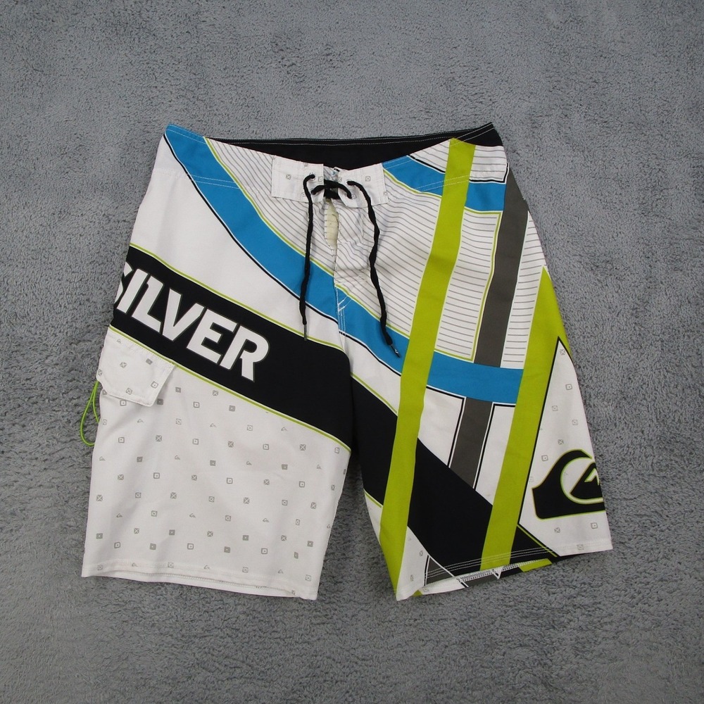 Quiksilver Mens Board Shorts Size 33 Geometric Graphic Surf Swim Trunks White